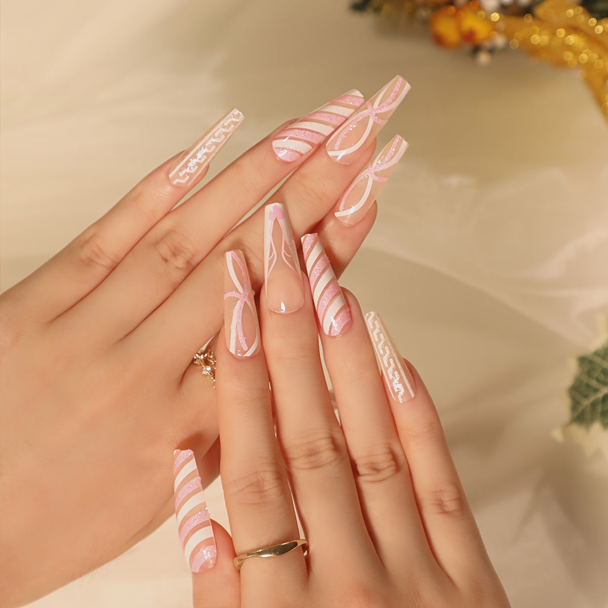 transparent pink white stripes nails