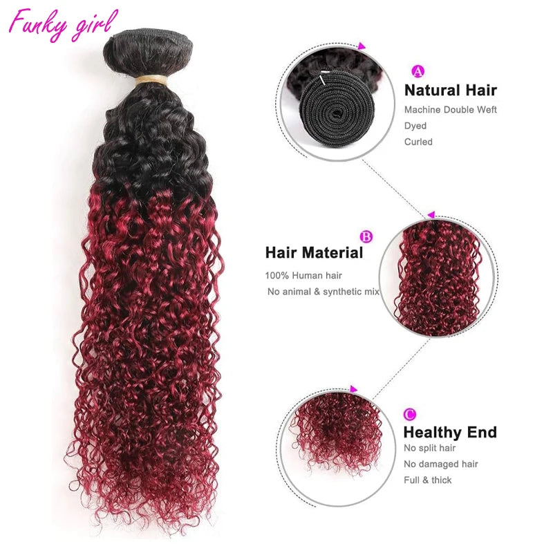 1B/Burgundy Kinky Curly Bundles Human Hair 1 Pcs/4 Pcs 10 12 14 16 - Shoptastic