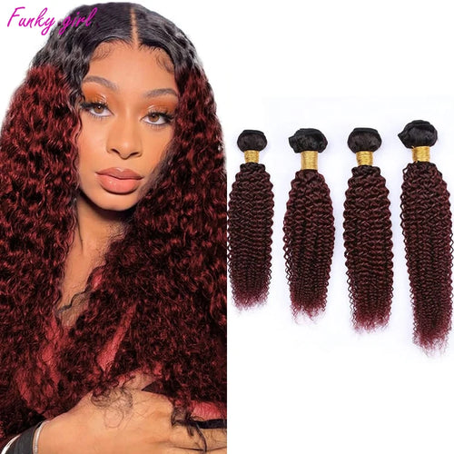 1B/Burgundy Kinky Curly Bundles Human Hair 1 Pcs/4 Pcs 10 12 14 16 - Shoptastic