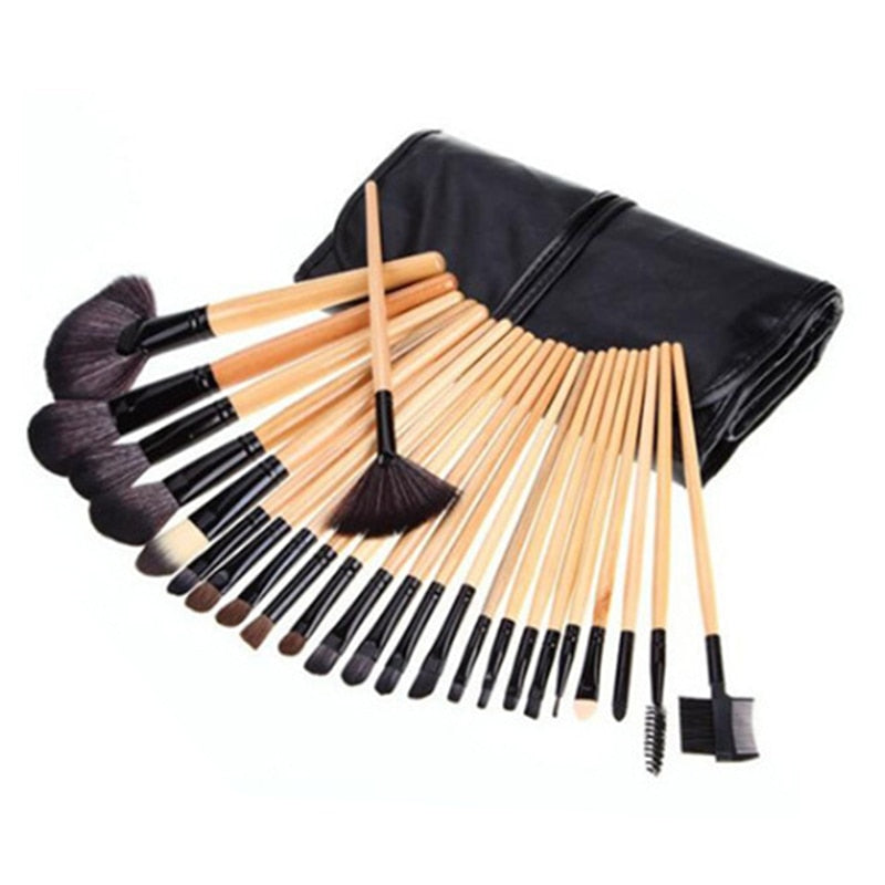 24Pcs Professional Makeup Brush Leather Bag Gift Cosmetic Eyeshadow - Shoptastic