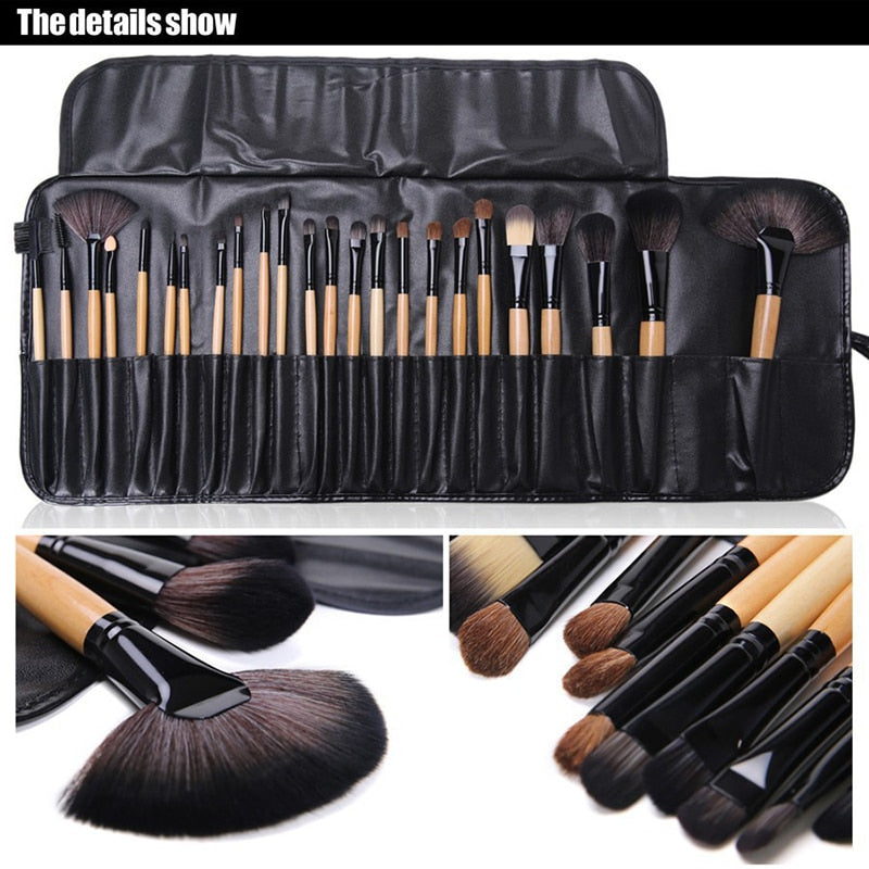 24Pcs Professional Makeup Brush Leather Bag Gift Cosmetic Eyeshadow - Shoptastic