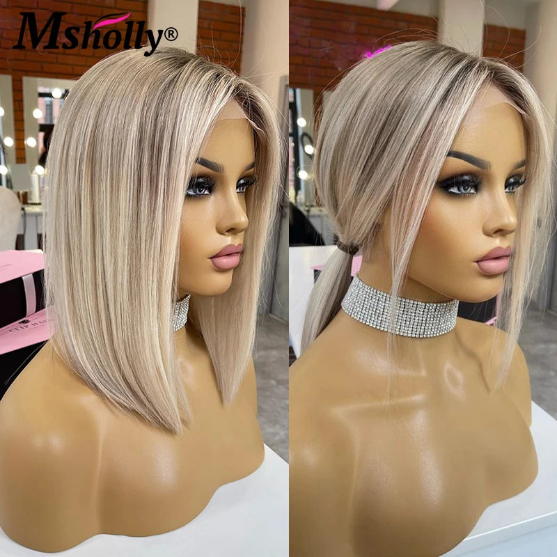 Highlight Ash Blonde 13x4 Lace Front Wigs Human Hair Straight Short - Shoptastic