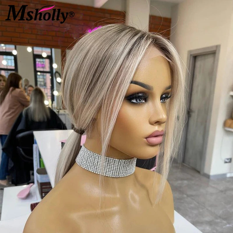 Highlight Ash Blonde 13x4 Lace Front Wigs Human Hair Straight Short - Shoptastic