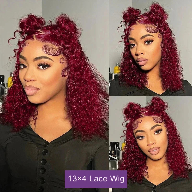 13x4 Deep Wave Frontal Wig 99J Burgundy Lace Front Wig Short Bob Hair - Shoptastic