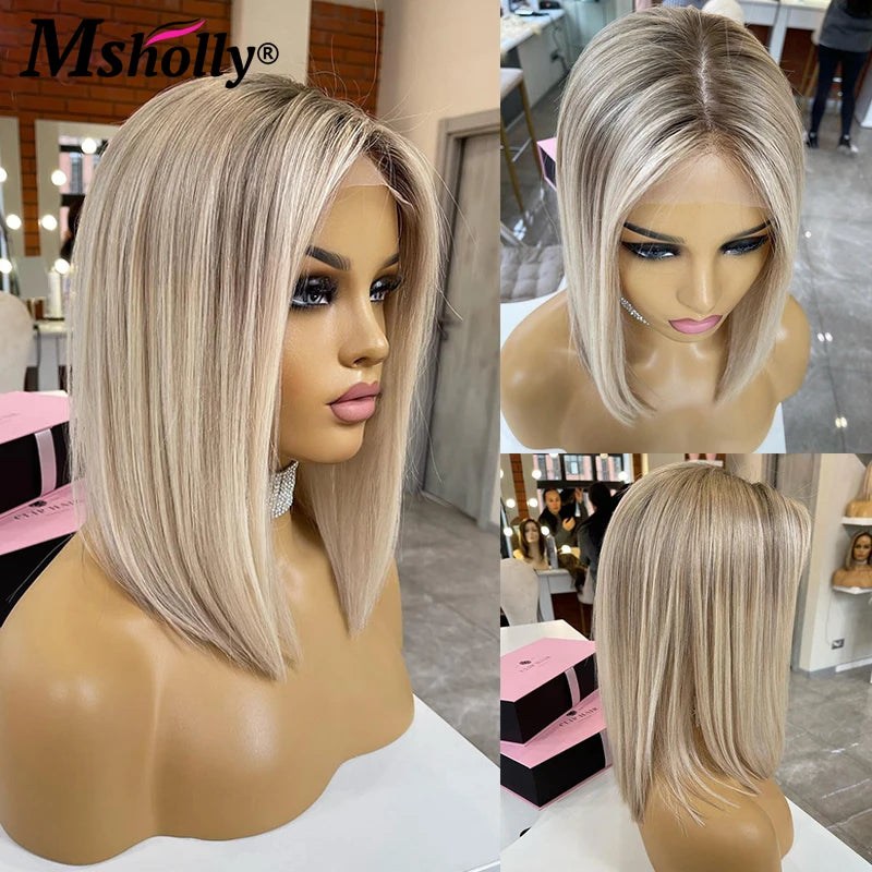 Highlight Ash Blonde 13x4 Lace Front Wigs Human Hair Straight Short - Shoptastic