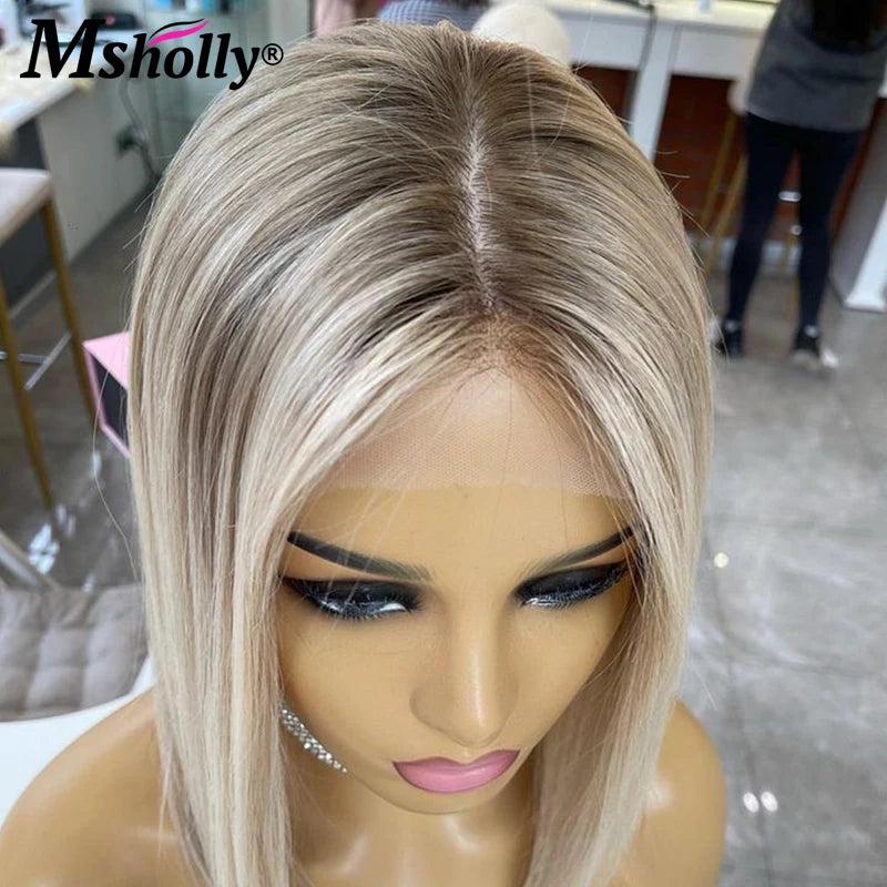 Highlight Ash Blonde 13x4 Lace Front Wigs Human Hair Straight Short - Shoptastic