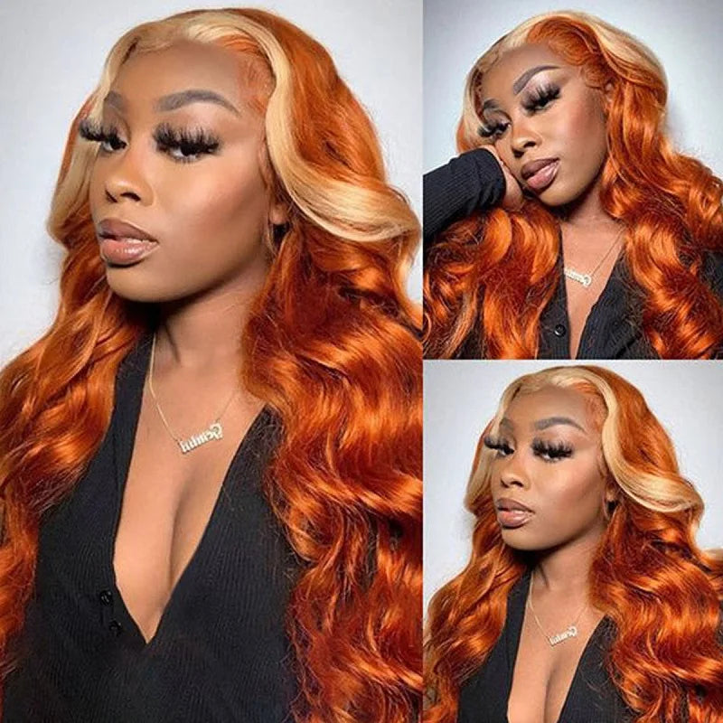 Orange Ginger Wig with 613 Blonde Highlight 13x4 Transparent Lace - Shoptastic